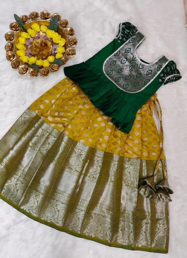yellow Silk Banarasi Wedding Wear Kanchi Border Work Readymade Kids Lehenga Choli