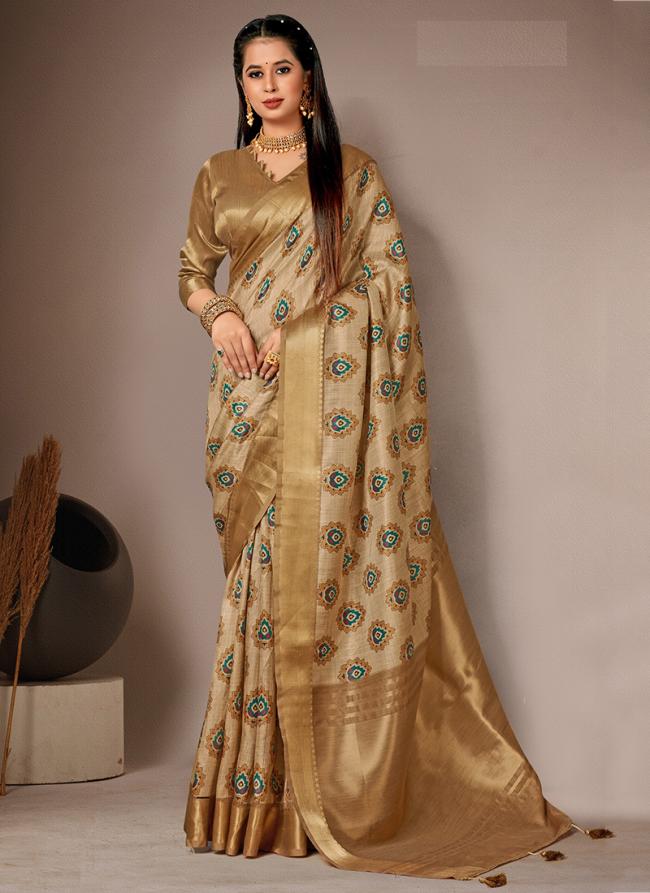 Beige Bhagalpuri Silk Traditional Wear Digital Printed Saree