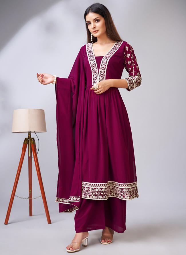 Magenta Faux Georgette Traditional Wear Embroidery Work Readymade Palazzo Suit