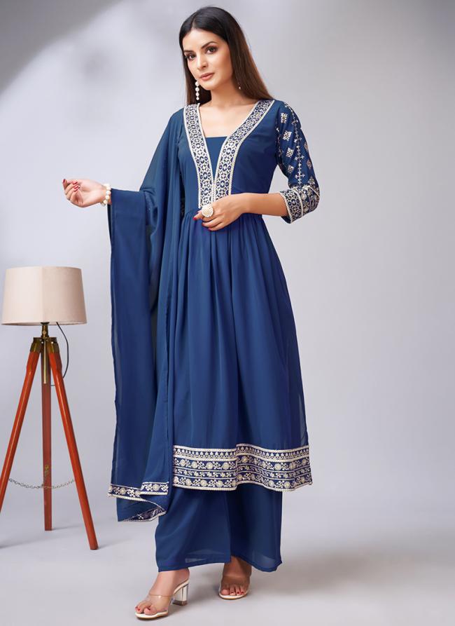 Navy Blue Faux Georgette Traditional Wear Embroidery Work Readymade Palazzo Suit
