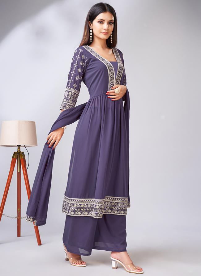 Purple Faux Georgette Traditional Wear Embroidery Work Readymade Palazzo Suit
