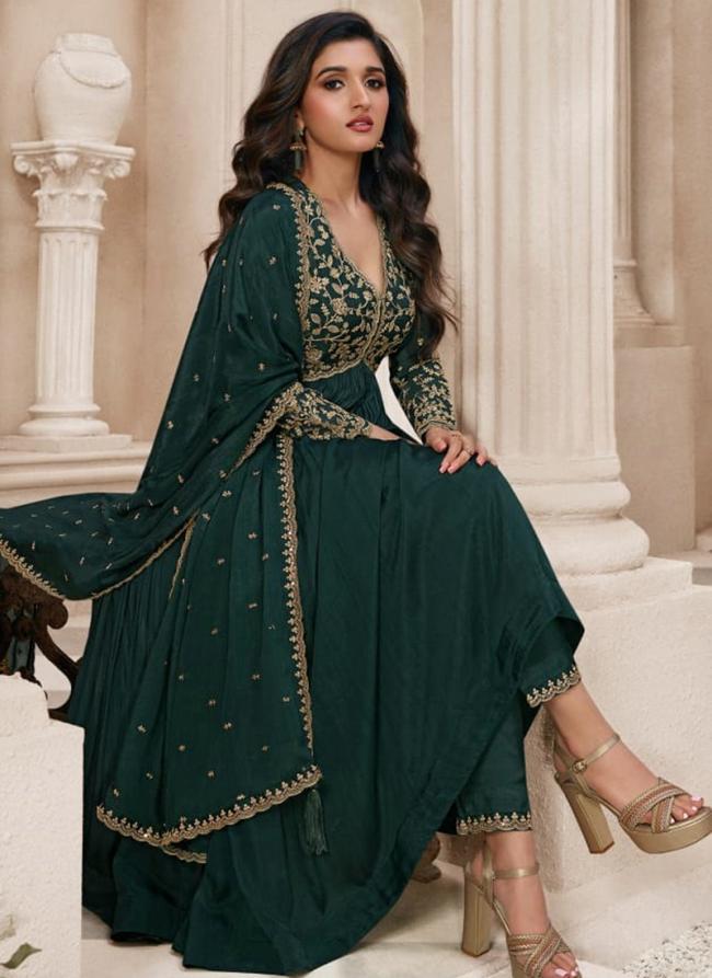 Green Chinnon Wedding Wear Embroidery Work  Readymade Gown With Dupatta And Pant