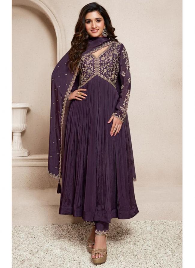 Purple Chinnon Wedding Wear Embroidery Work  Readymade Gown With Dupatta And Pant