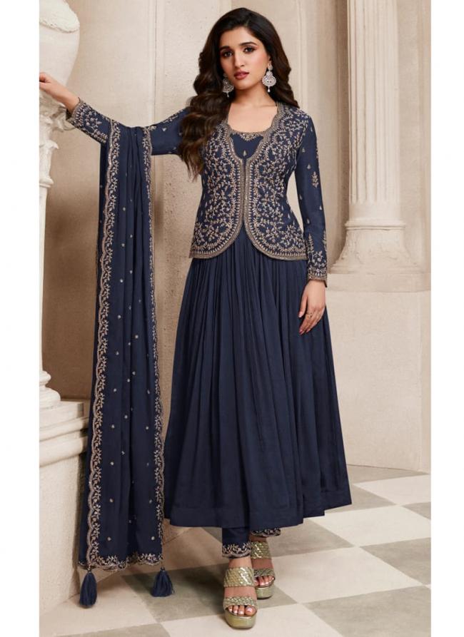 Sky Blue Chinnon Wedding Wear Embroidery Work  Readymade Gown With Dupatta And Pant