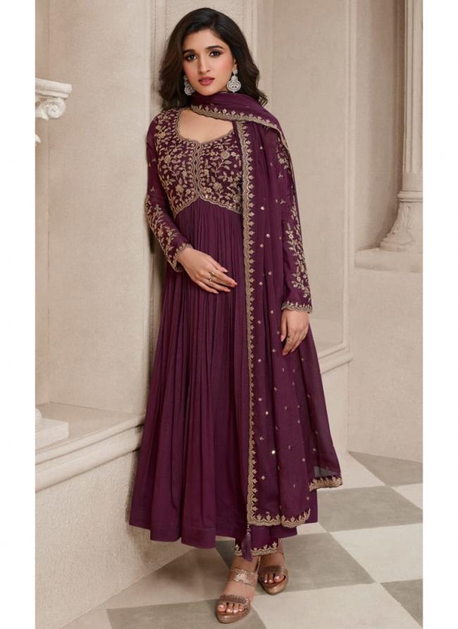 Wine Chinnon Wedding Wear Embroidery Work  Readymade Gown With Dupatta And Pant
