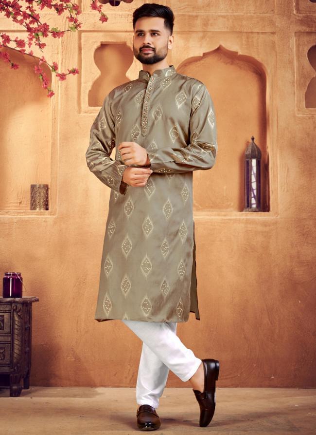 Light Grey Jacquard Silk Wedding Wear Weaving Readymade Kurta Pyjama