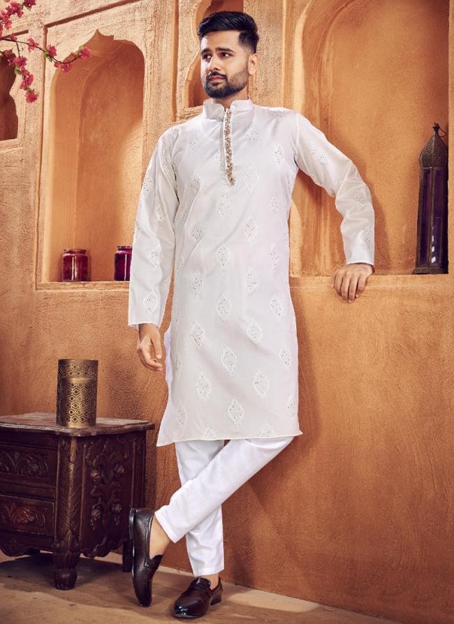 White Jacquard Silk Wedding Wear Weaving Readymade Kurta Pyjama