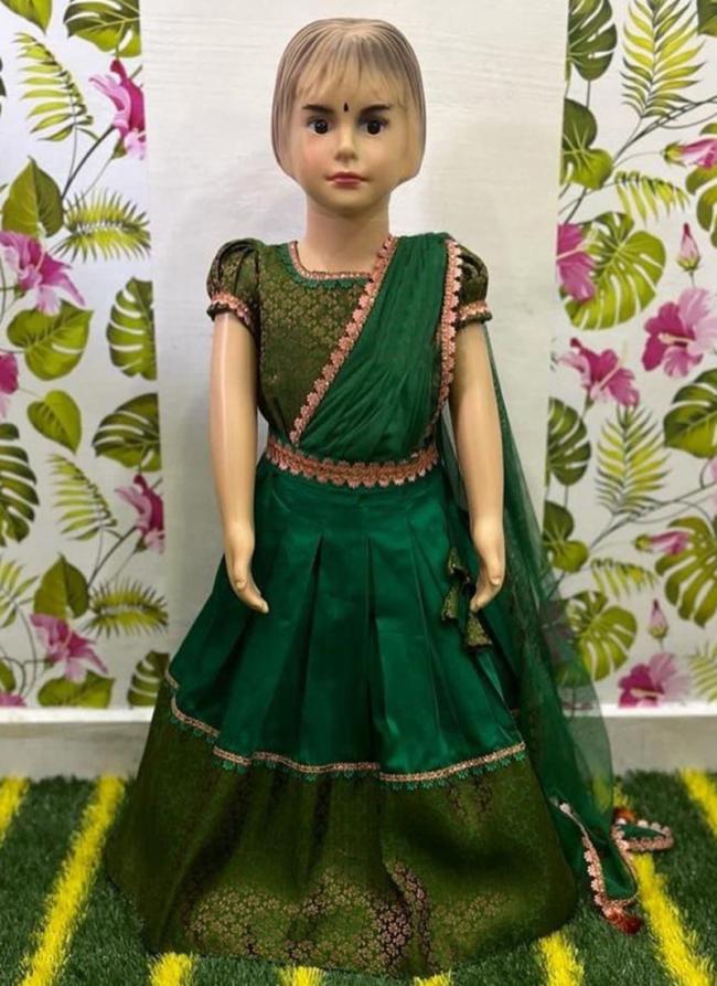 Green Rich Jacquard With Silk Wedding Wear Weaving Readymade Kids Lehenga Choli