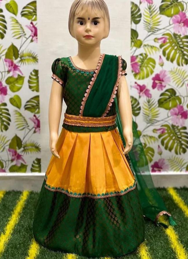 green Yellow Rich Jacquard With Silk Wedding Wear Weaving Readymade Kids Lehenga Choli