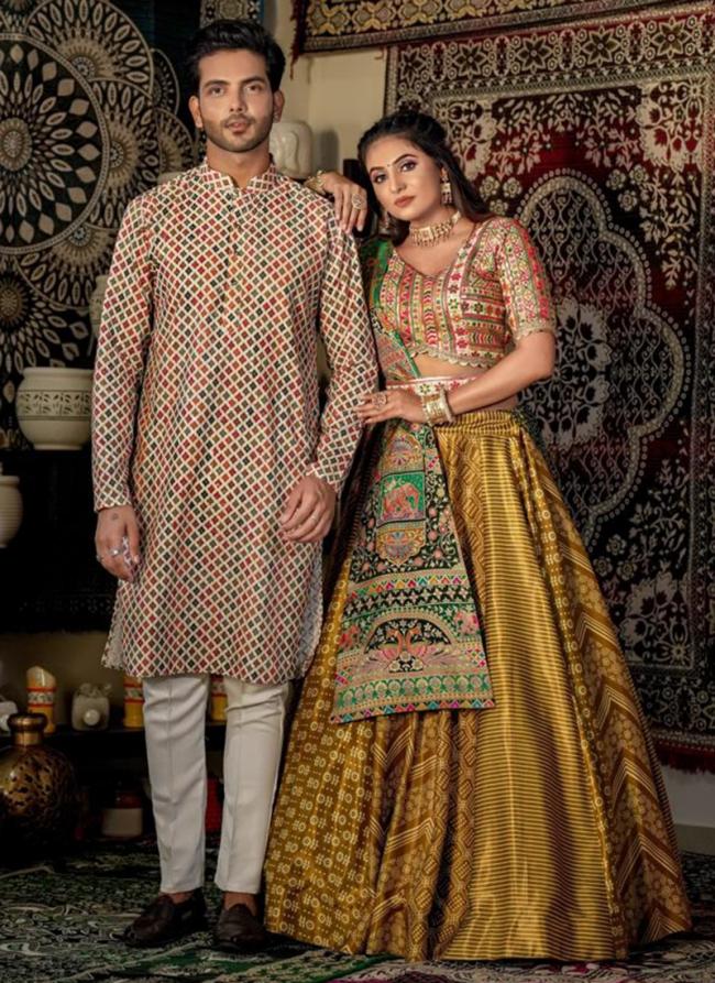 Yellow Multi Color Malai Sattin Wedding Wear Embroidery Work Readymade Combo Set