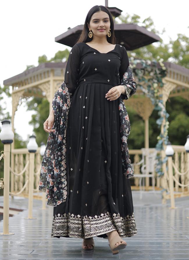 Black Faux Blooming Georgette Traditional Wear Embroidery Work Readymade Gown With Dupatta
