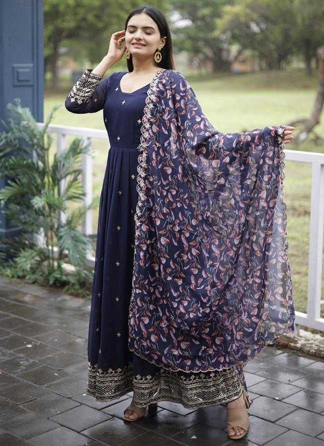 Navy Blue Faux Blooming Georgette Traditional Wear Embroidery Work Readymade Gown With Dupatta