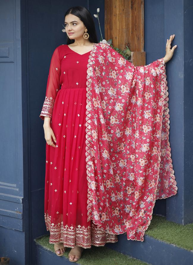 Red Faux Blooming Georgette Traditional Wear Embroidery Work Readymade Gown With Dupatta