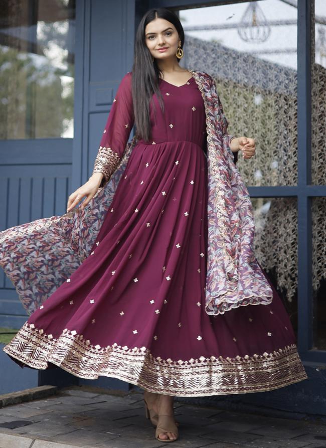 Wine Faux Blooming Georgette Traditional Wear Embroidery Work Readymade Gown With Dupatta