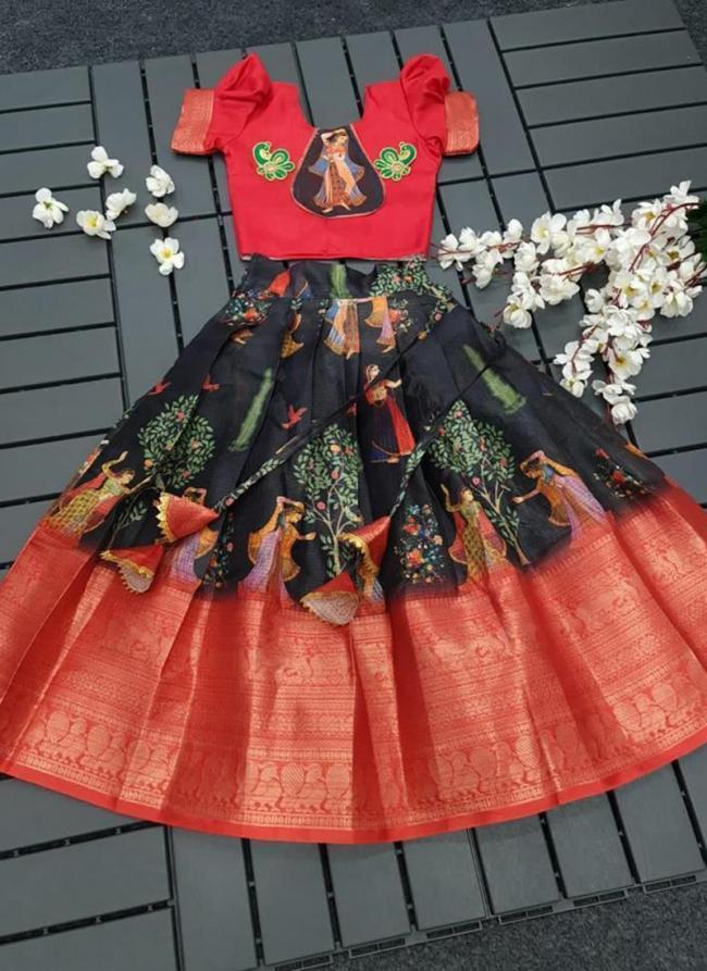 Red Black Silk Wedding Wear Digital Printed Readymade Kids Lehenga Choli