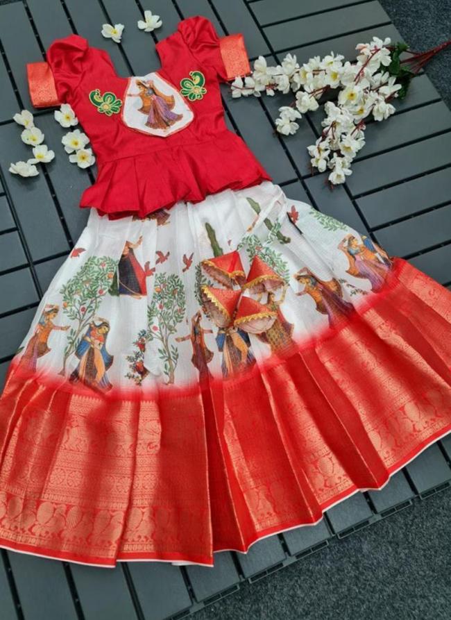 Red Silk Wedding Wear Digital Printed Readymade Kids Lehenga Choli