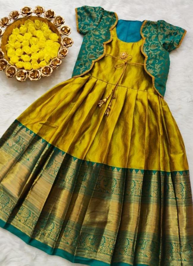 yellow Soft Lichi Silk Wedding Wear Weaving Readymade Kids Gown