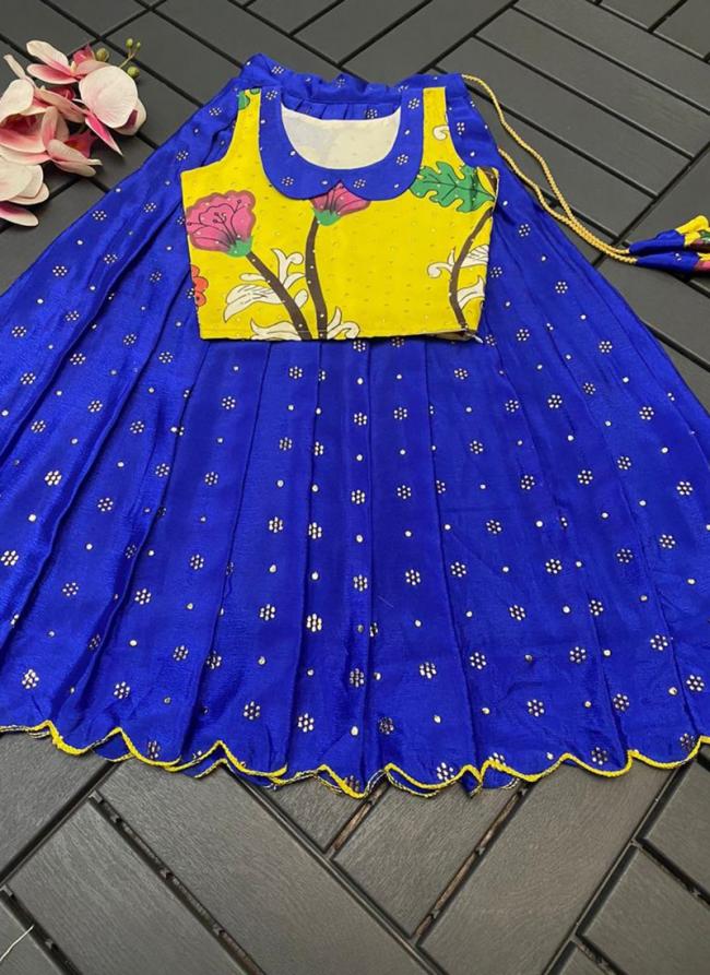 yellow Bright Blue Soft Chinnon Wedding Wear Digital Printed Readymade Kids Lehenga Choli