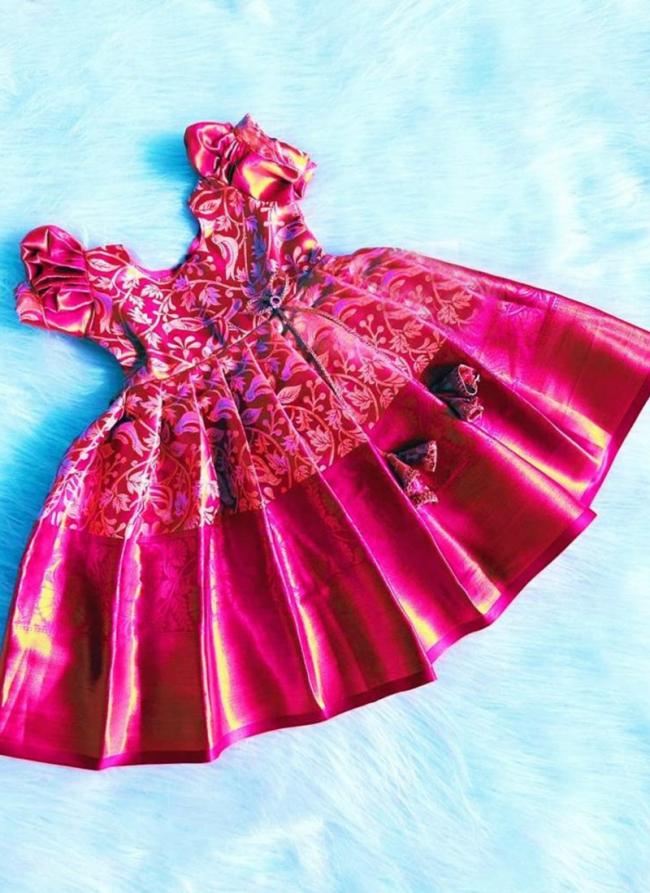 Pink Kanjivaram Wedding Wear Weaving Readymade Kids Gown