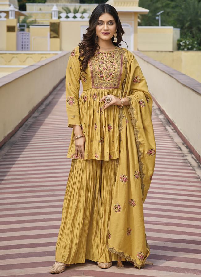 Yellow Heavy Silk Wedding Wear Embroidery Work Readymade Sharara Suit