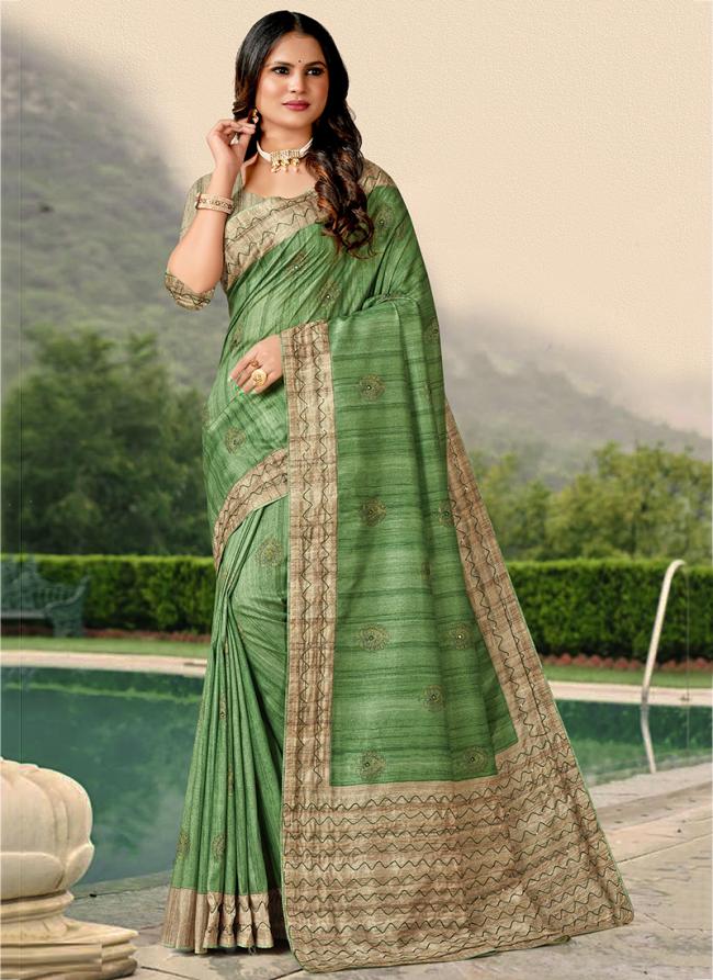 Light Green Tussar Silk Festival Wear Hand Work Saree