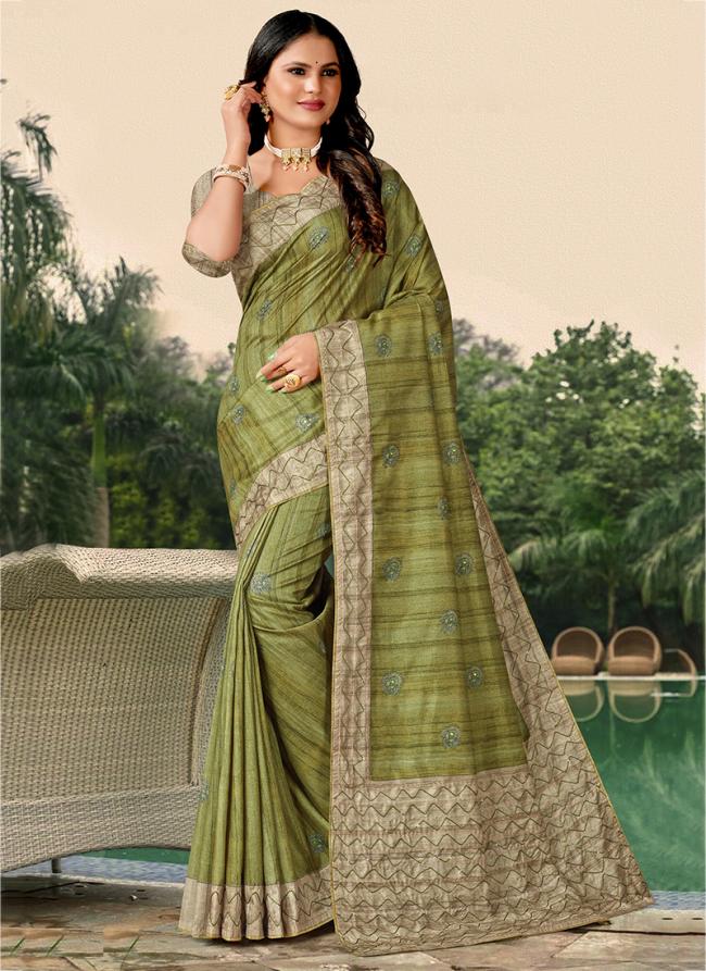 Pista Green Tussar Silk Festival Wear Hand Work Saree