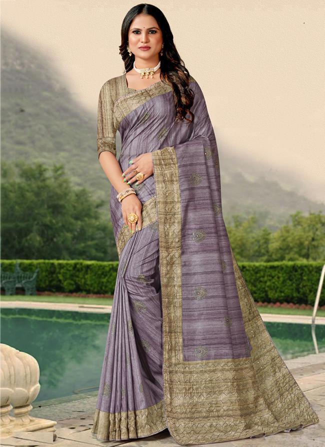 Purple Tussar Silk Festival Wear Hand Work Saree