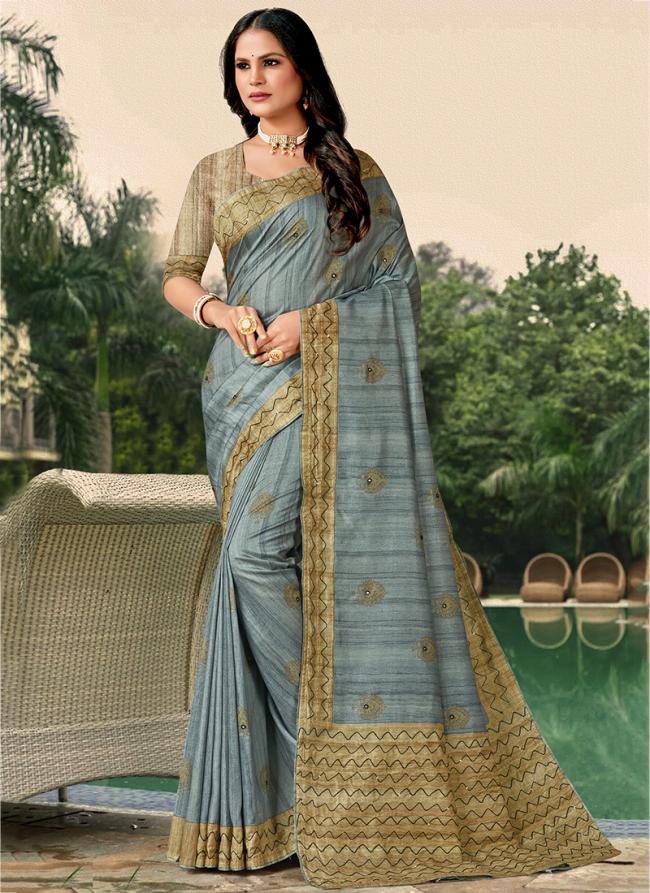 Sky Blue Tussar Silk Festival Wear Hand Work Saree