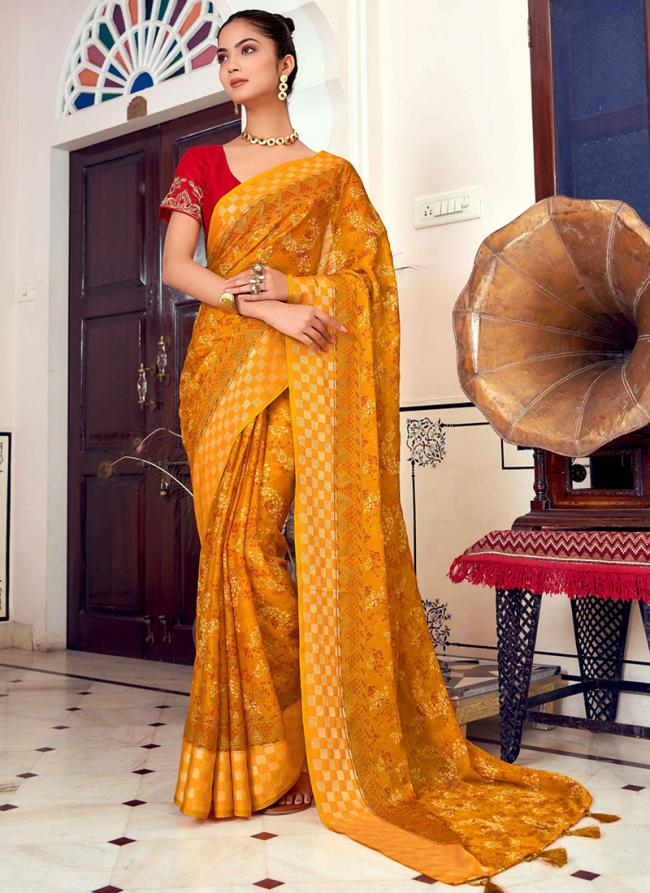 Yellow Doll Moss Traditional Wear Foil Print Saree