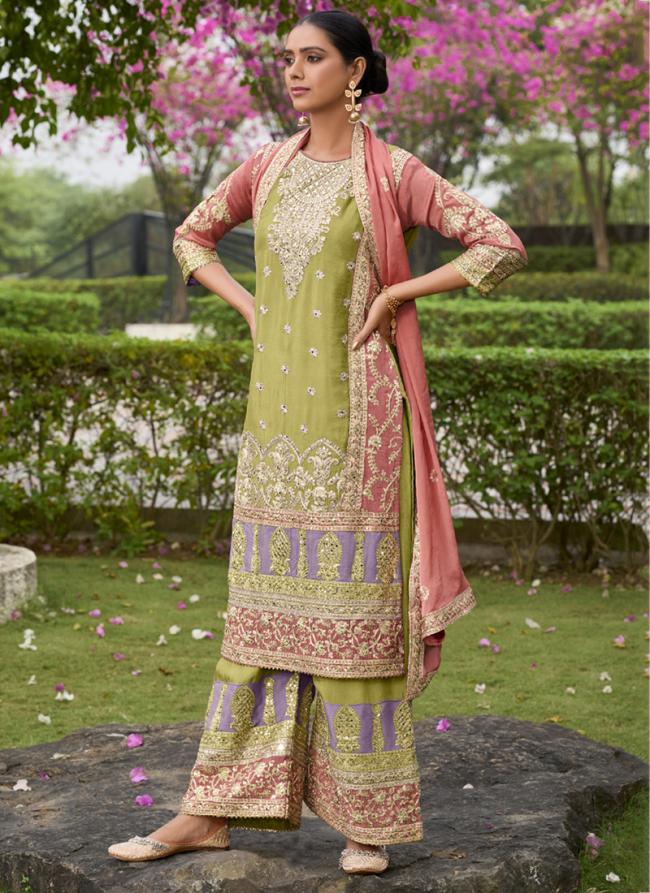 Green Pure Chinnon Eid Wear Embroidery Work Readymade Salwar Suit