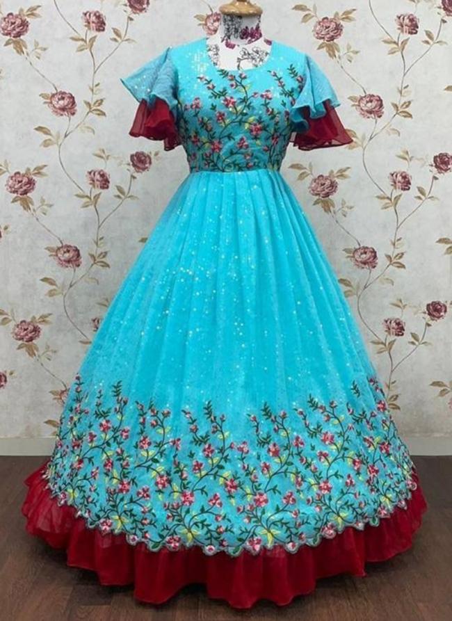 Sky Blue Georgette Party Wear Sequence Work Readymade Kids Gown