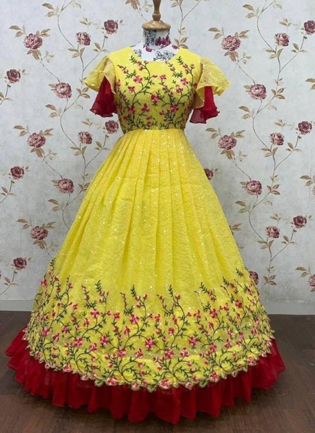 Yellow Georgette Party Wear Sequence Work Readymade Kids Gown