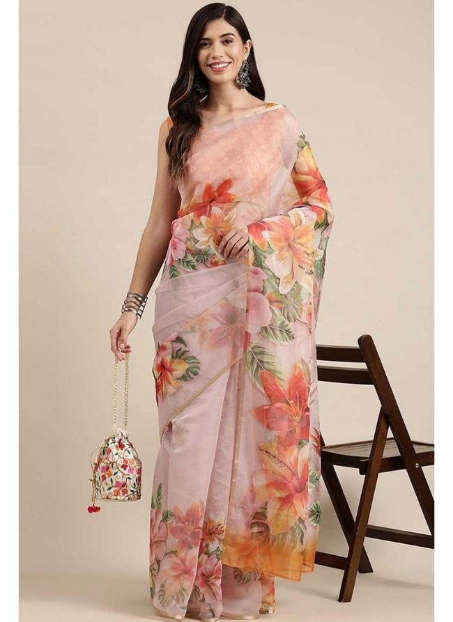 Peach Organza Silk Traditional Wear Digital Printed Saree
