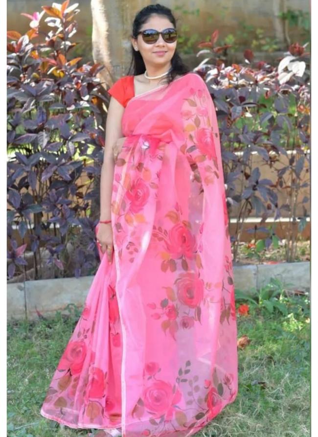 Pink Organza Silk Traditional Wear Digital Printed Saree