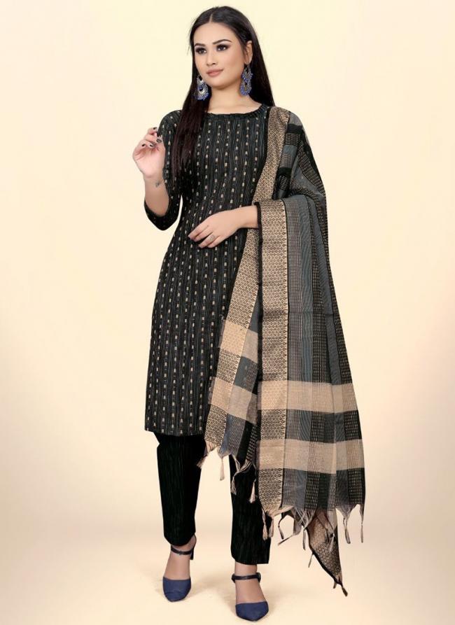 Black Cotton Traditional Wear Jacquard Work Kurti With Pant And Dupatta