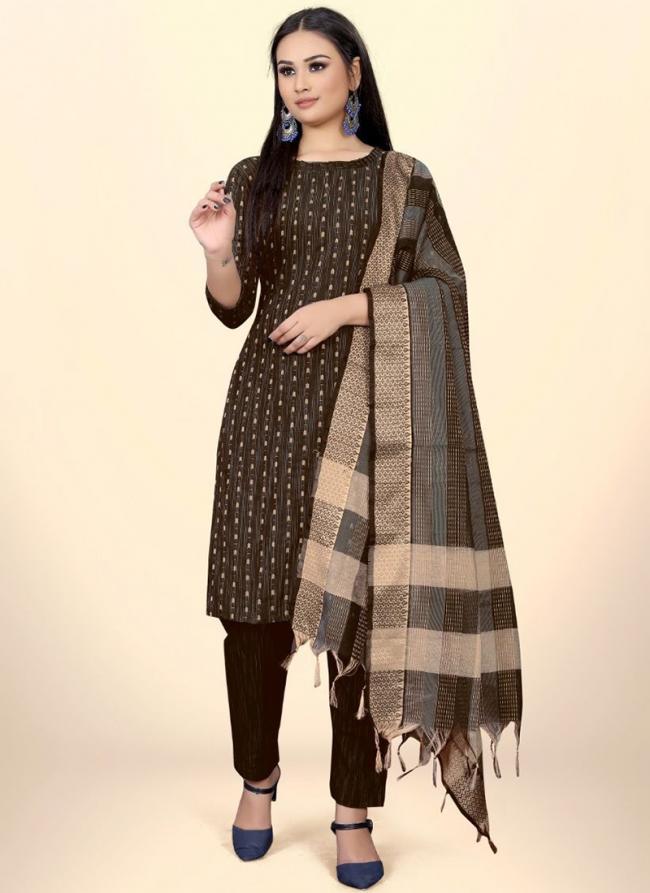 Brown Cotton Traditional Wear Jacquard Work Kurti With Pant And Dupatta