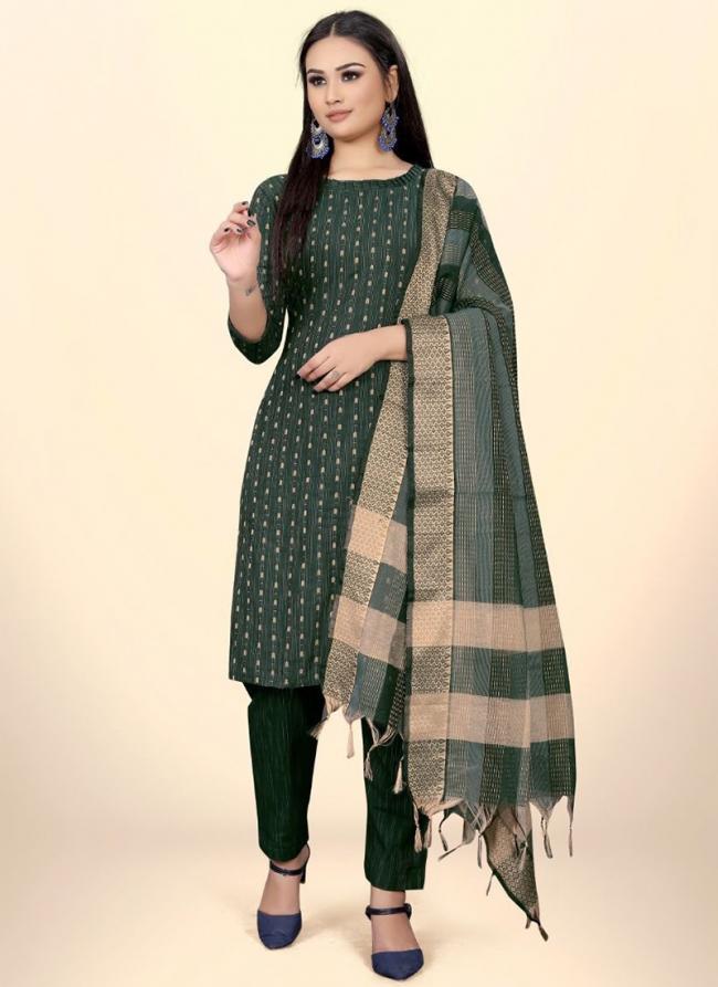 Green Cotton Traditional Wear Jacquard Work Kurti With Pant And Dupatta