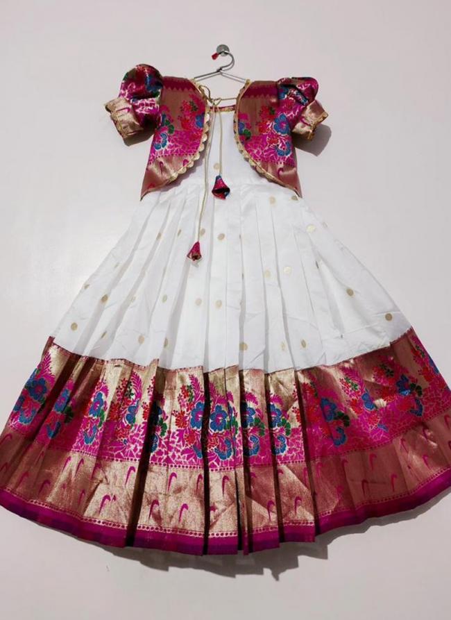 White Pink Lichi Silk Party Wear Weaving Readymade Kids Gown With Koti