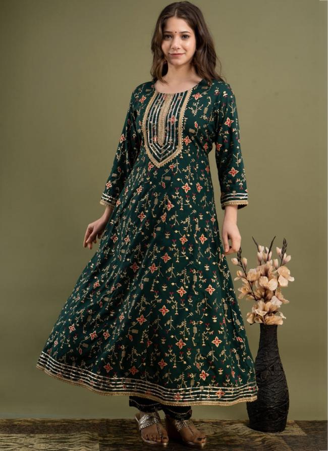 Green Rayon Traditional Wear Digital Printed Readymade Anarkali Suit