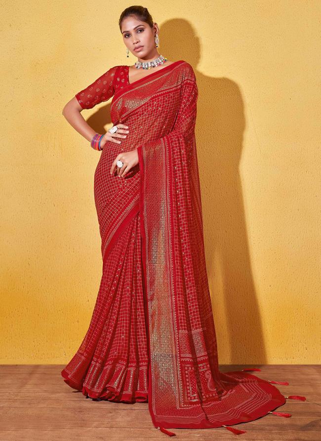 Red Heavy Georgette Festival Wear Embroidery Work Saree