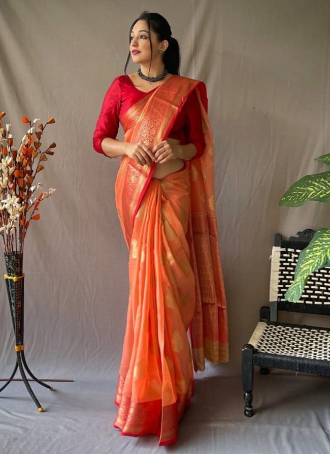 Orange Linen Party Wear Digital Printed Saree