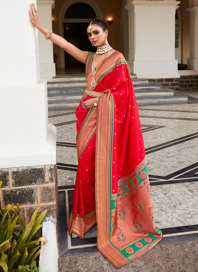 Brick Red Paithani Silk Party Wear Zari Work Saree