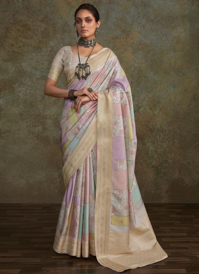 Blush Pink Cream Soft Silk Wedding Wear Digital Printed Saree