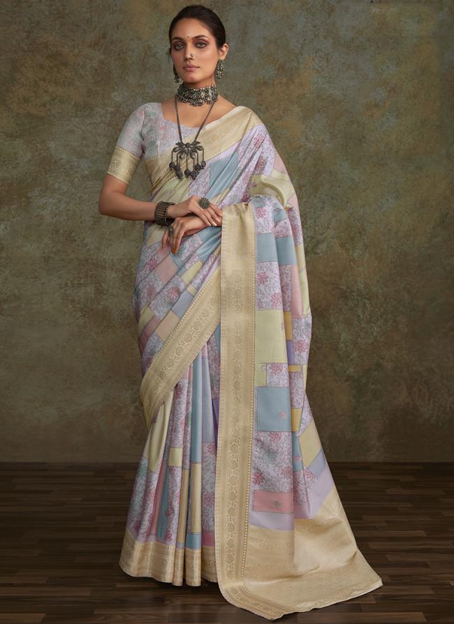 Purple Cream Soft Silk Wedding Wear Digital Printed Saree