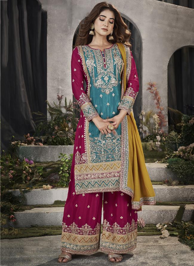 Sky Blue Pink Premium Chinnon Wedding Wear Embroidery Work Readymade Plazzo Suit
