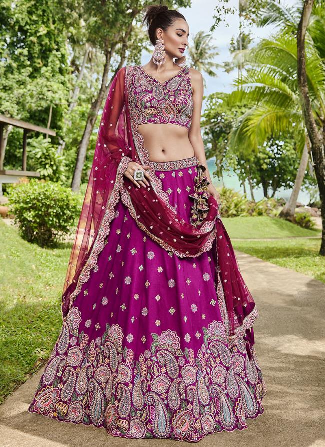 Burgundy Sattin Silk Wedding Wear Embroidery Work Lehenga Choli