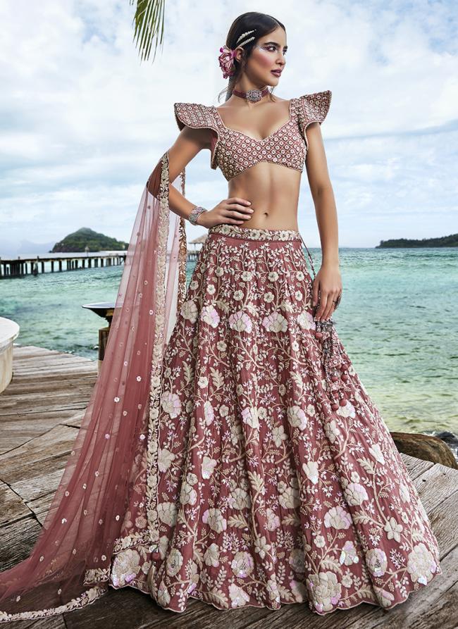 Rose Gold Chinnon Wedding Wear Embroidery Work Lehenga Choli