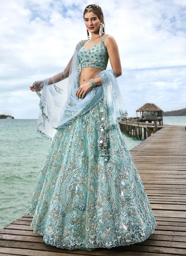 Turquoise Blue Net Party Wear Embroidery Work Lehenga Choli