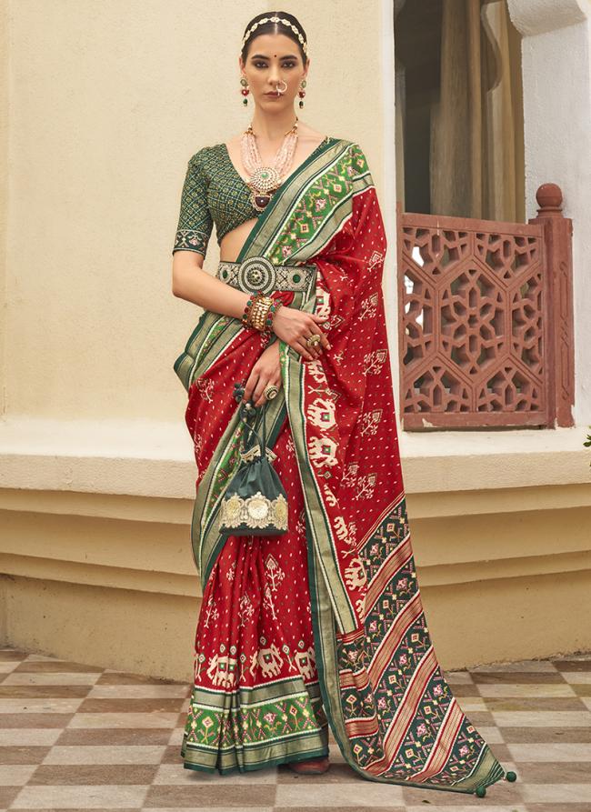 Crimson Red Green Mercrized Sigma Silk Wedding Wear Zari Work Saree