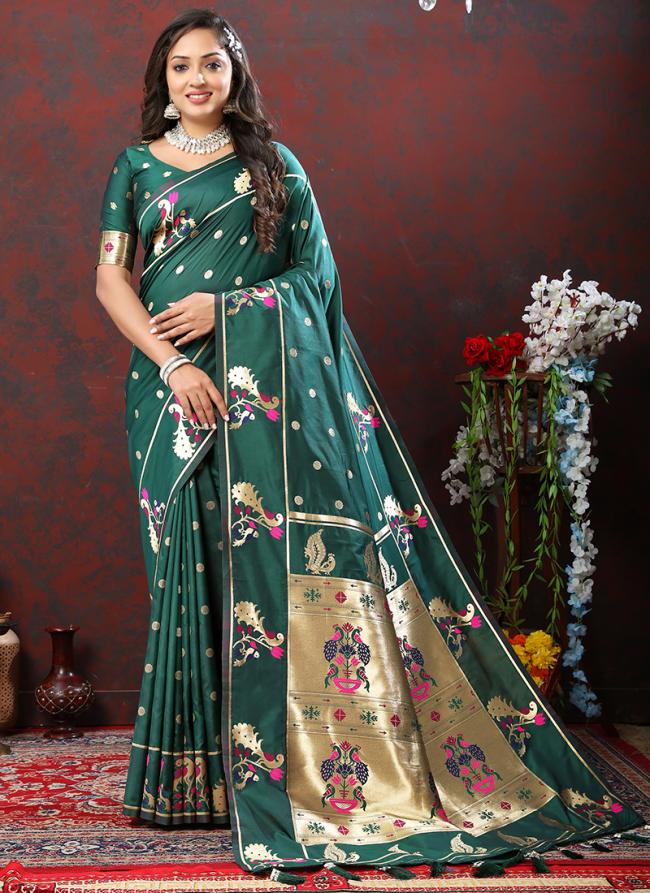 Dark Green Soft Silk Party Wear Zari Work Saree